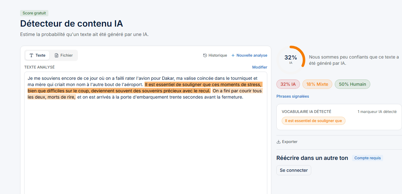 Résultat du détecteur de contenu IA Boulga : score IA/Mixte/Humain, phrases signalées en surbrillance